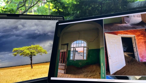 Laptop displaying a triptych of architectural and landscape photographs with vibrant color grading