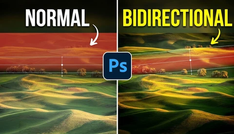 Side-by-side comparison graphic showing normal vs. bidirectional effects in Photoshop on landscape image