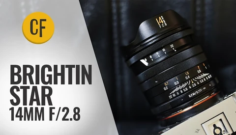 Brightin Star 14mm f/2.8 lens displayed with CF logo and product name overlay