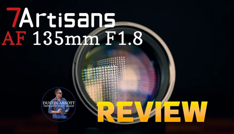 7Artisans AF 135mm F1.8 lens review graphic with yellow text overlay