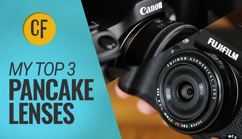 Canon camera with Fujifilm lens held in hands against turquoise and yellow background with CF logo