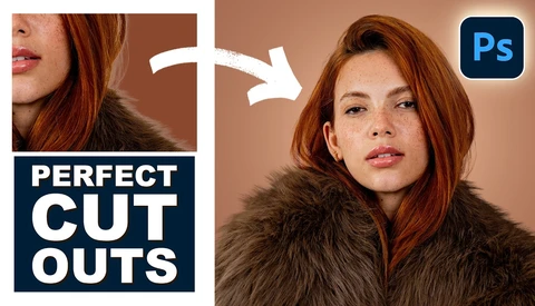 Before and after composite showing hair cut technique with Photoshop logo