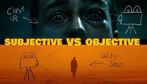 Graphic comparing subjective vs objective filmmaking techniques with split-screen cinematography examples
