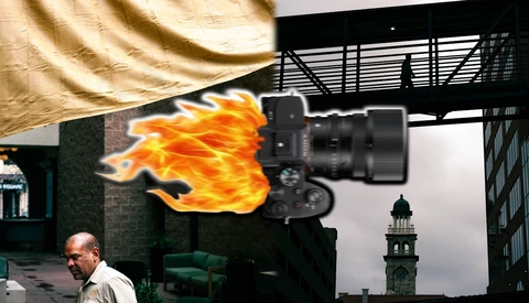 Camera with flame effect composite overlay during urban location shoot