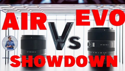 Graphic comparing two camera lenses labeled AIR and EVO with large VS text between them