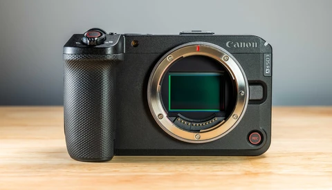 Canon EOS R5C mirrorless camera body displayed from front with lens mount visible