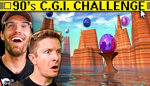 Graphic showing two people reacting with surprised expressions next to surreal CGI landscape with floating spheres