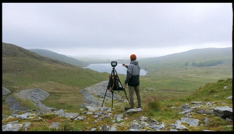 Photographer with tripod-mounted camera surveying mountainous valley landscape