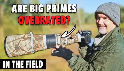 Meme graphic featuring photographer with telephoto lens discussing whether big prime lenses are overrated