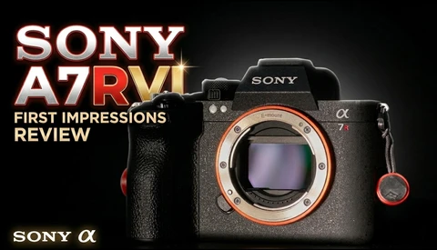 Graphic design showing Sony A7RV camera body with 'First Impressions Review' text overlay
