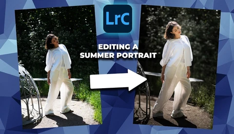 Before and after comparison of Lightroom Classic editing applied to a summer portrait of a woman in white clothing outdoors