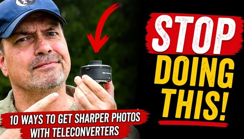 Photographer holding a teleconverter with text overlay about improving photo sharpness