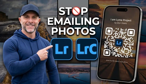 Man in blue cap pointing to Lightroom and Lightroom Classic logos with landscape photos and QR code