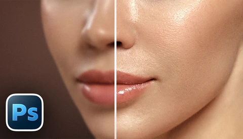 Before and after split-screen comparison of skin retouching in Adobe Photoshop