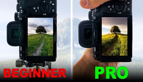 Comparison graphic showing landscape photography captured by beginner versus professional photographer using same scene