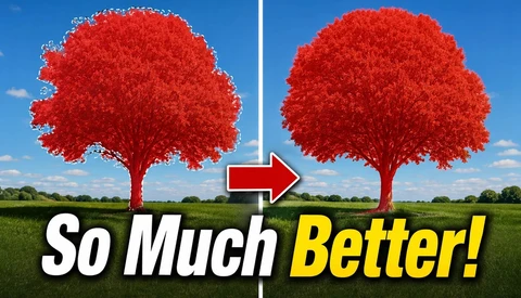 Graphic comparison of a red tree showing before and after editing with arrow and text overlay