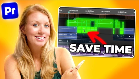 Screenshot graphic showing Adobe Premiere Pro timeline with editing interface and 'SAVE TIME' text overlay