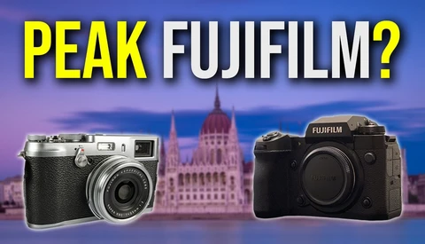 Graphic comparing two Fujifilm cameras against Budapest cityscape backdrop