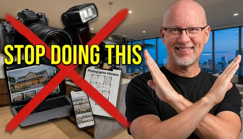 Photographer making X gesture with arms crossed over photography equipment and mistakes chart