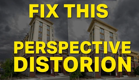 Graphic comparing perspective distortion in architectural photography of a tall building