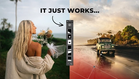 Screenshot showing Lightroom adjustment panel with before/after comparison of tropical beach landscape photography