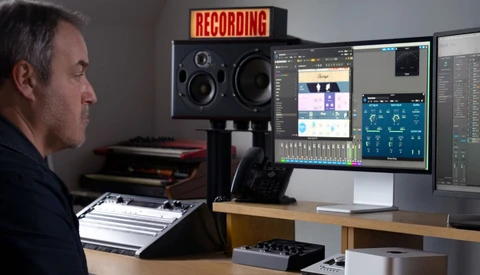 Audio engineer at professional recording studio workstation with dual monitors and studio speakers