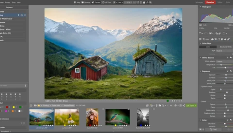Screenshot of photo editing software showing Nordic landscape with traditional turf-roofed houses