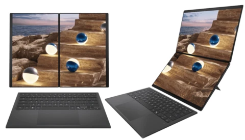 Concept rendering of a foldable laptop device with dual screens displaying landscape photography