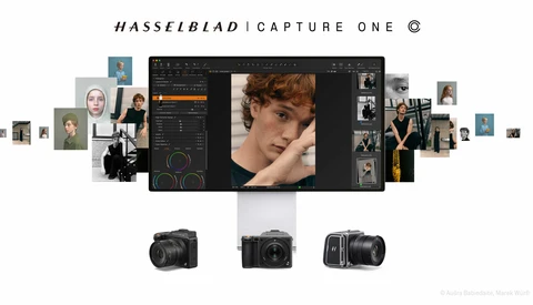Hasselblad Capture One software interface displaying portrait editing workflow with camera equipment below