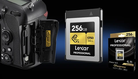 Nikon DSLR camera with Lexar CFexpress Type B memory cards and CFast card displayed