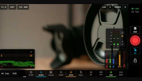 Screenshot of cinema camera interface showing waveform monitor and control panel