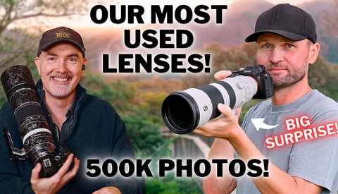 Two photographers holding telephoto lenses against a blurred landscape backdrop