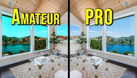 Side-by-side comparison of amateur versus professional real estate photography of the same waterfront room with lake views