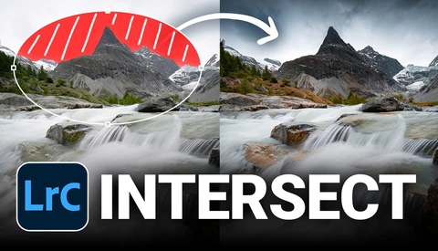 Screenshot showing LRC Intersect software interface comparing before and after landscape photo edits