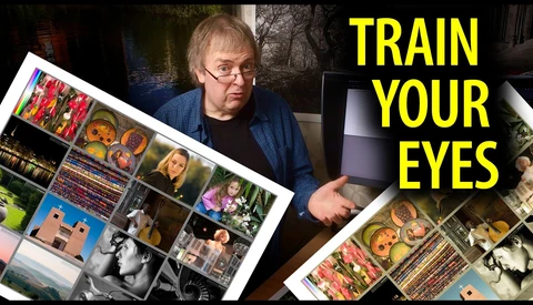 Photographer examines contact sheets displaying grid layouts of photographs while yellow text reads 'TRAIN YOUR EYES'