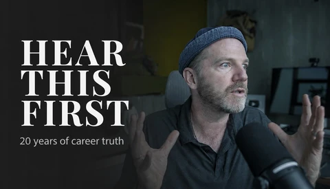 Man speaking into microphone with text overlay reading 'HEAR THIS FIRST' and '20 years of career truth'