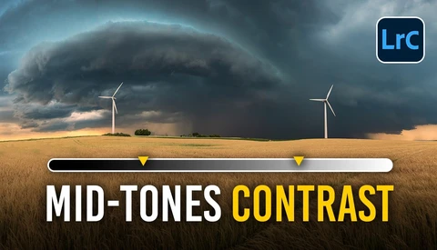 Graphic showing mid-tones contrast adjustment with wheat field and storm clouds landscape