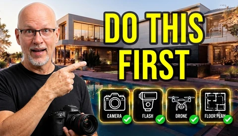 Photographer holding DSLR camera pointing at modern house with pool, with text overlay listing equipment checklist