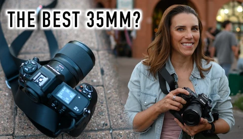 Split-screen comparison of a DSLR camera with 35mm lens and a woman holding a mirrorless camera outdoors