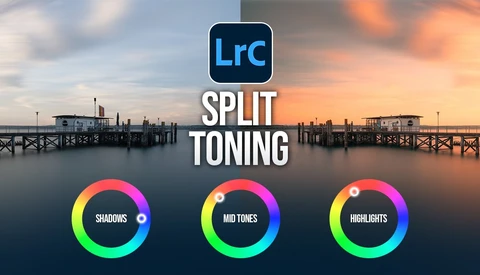 Screenshot of Adobe Lightroom Classic split toning interface with shadows, midtones, and highlights controls
