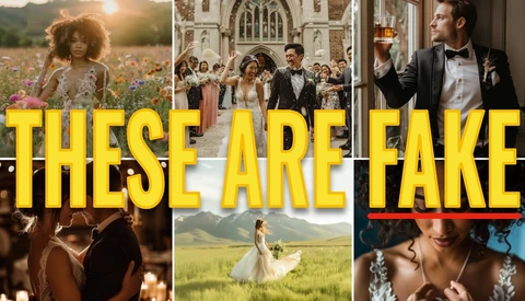 Graphic with yellow text overlay reading 'THESE ARE FAKE' across six wedding photography images