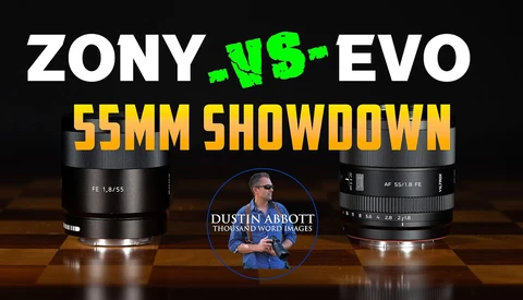 Graphic comparing two 55mm lenses: Zony and US-EVO, displayed side by side with dramatic lighting