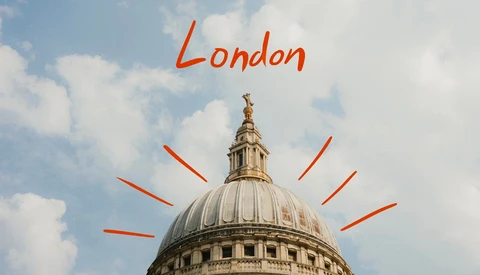 St. Paul's Cathedral dome with red radiating lines and 'London' text overlay