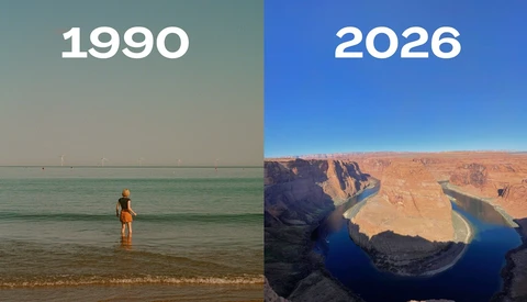 Split-screen comparison showing a person wading in turquoise water in 1990 versus an aerial view of Horseshoe Bend in 2026