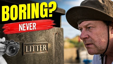 Man in cowboy hat next to concrete post with 'DITTER' nameplate and camera, with bold yellow text 'BORING? NEVER' above