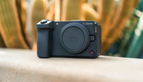 Canon EOS R5C mirrorless camera body displayed on concrete surface