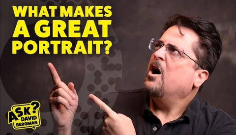 Graphic with yellow text asking 'What makes a great portrait?' featuring a man in glasses gesturing while speaking