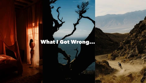 Graphic collage with text 'What I Got Wrong...' featuring three landscape photography scenes with dramatic lighting