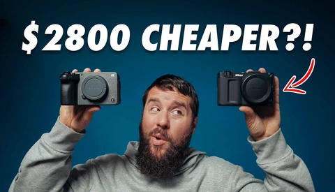 Graphic comparing two compact cameras held by a bearded man against a blue background