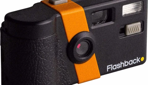 Flashback orange and black 35mm film camera with built-in flash